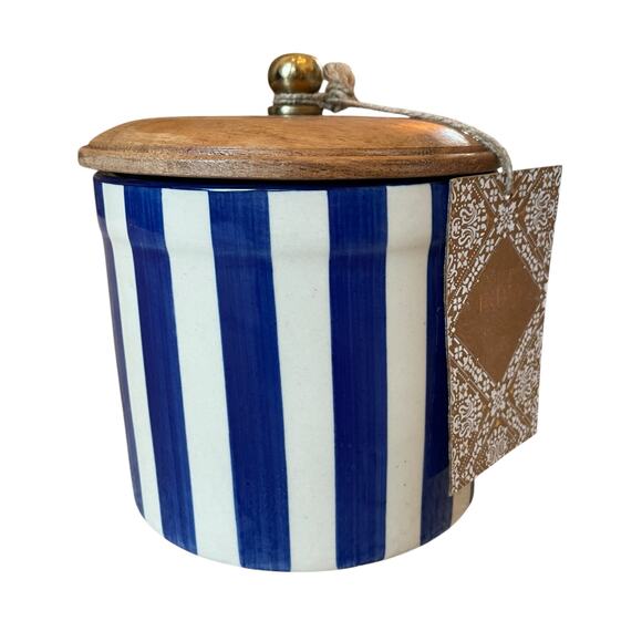 Hand Painted Striped Ceramic Canister w/ Wood Lid Made in India Blue Cream 5" - Picture 6 of 11